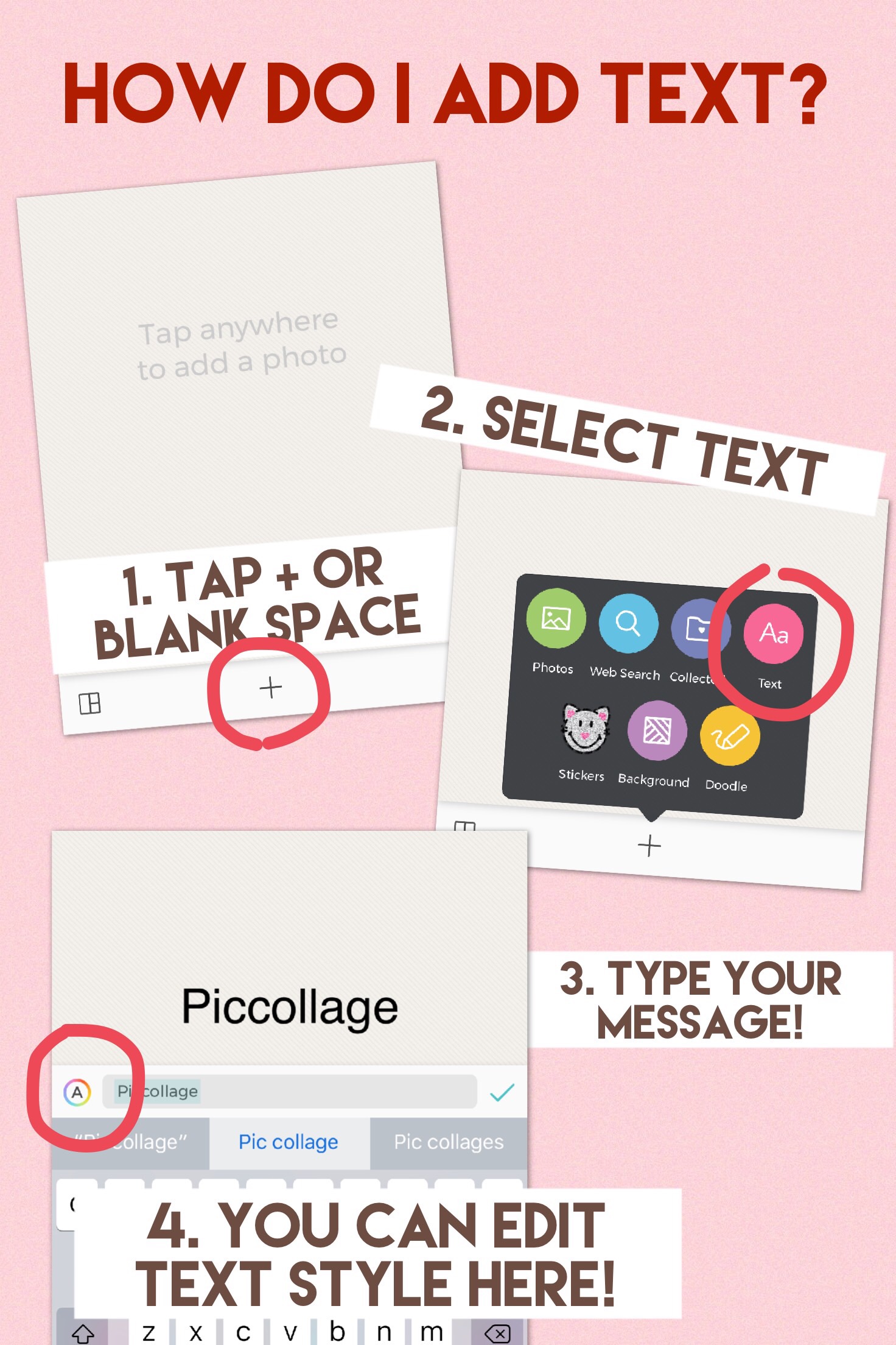 Добавление и повторное редактирование текста PicCollage на iOS