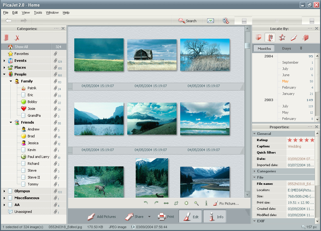 Официальный скриншот PicaJet с просмотром фотографий и деревом категорий