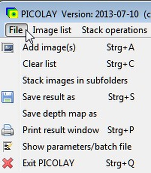 Меню File в Picolay