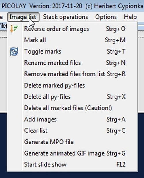 Меню Image list в Picolay
