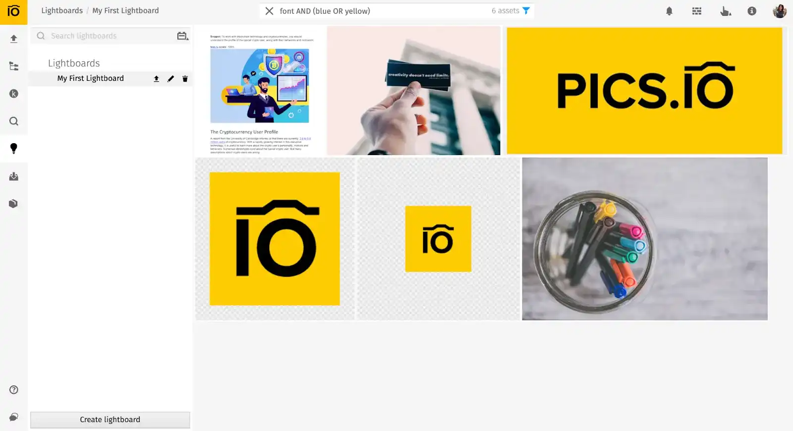Интерфейс Pics.io: полнотекстовый и булев поиск