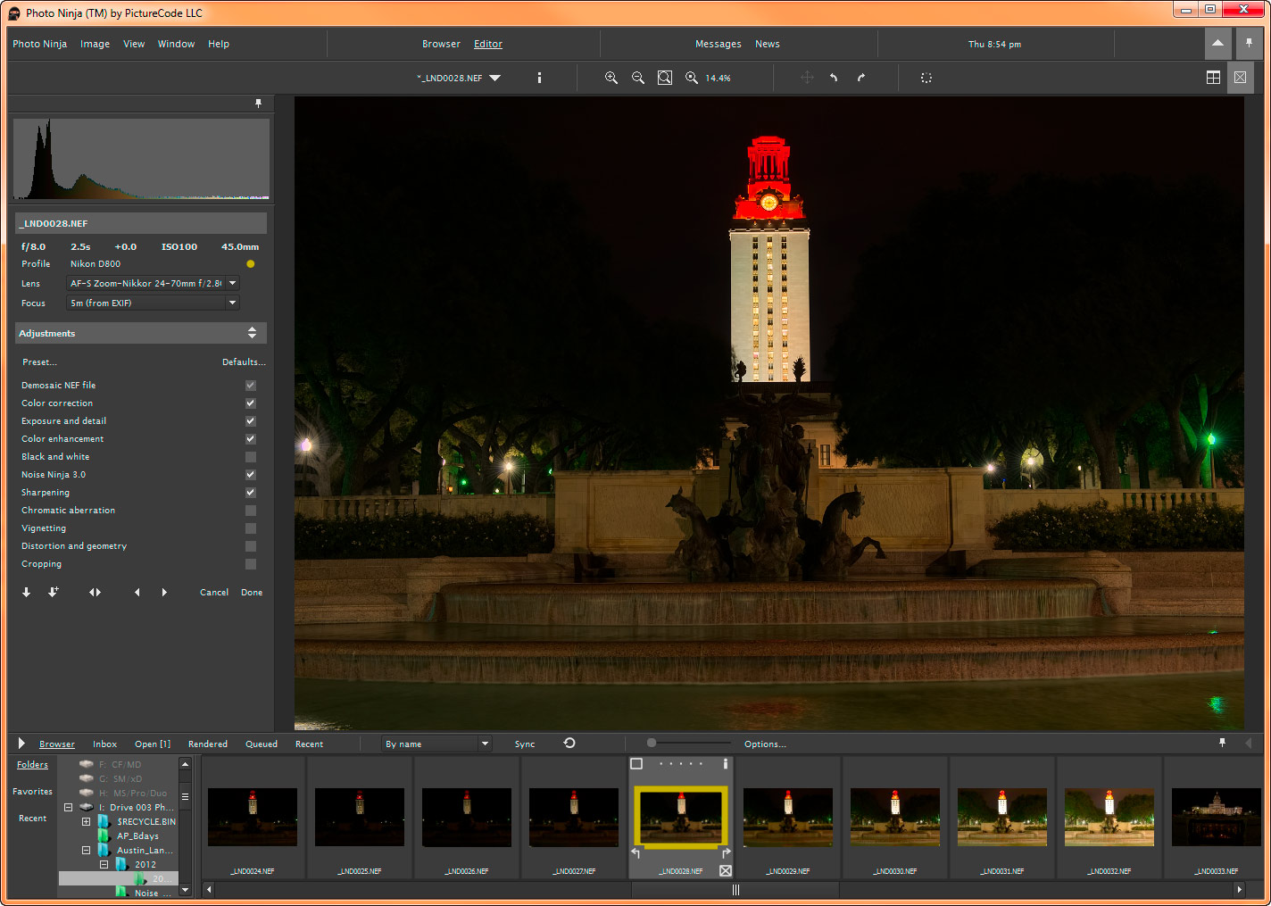 Редактор Photo Ninja с перечнем фильтров и ночной фотографией