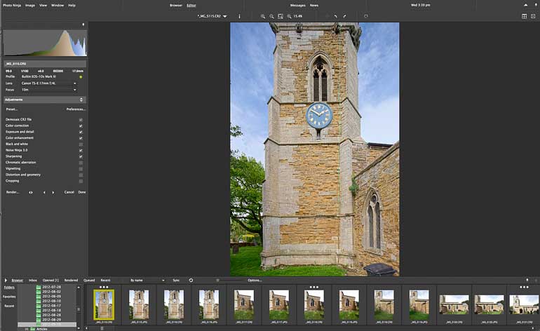 Редактор Photo Ninja с фильтрами слева и лентой миниатюр снизу
