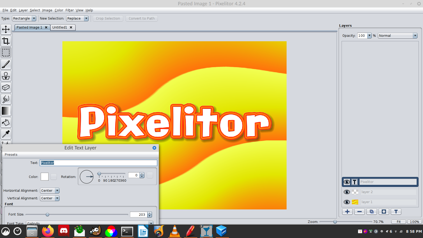 Диалог редактирования текстового слоя Pixelitor