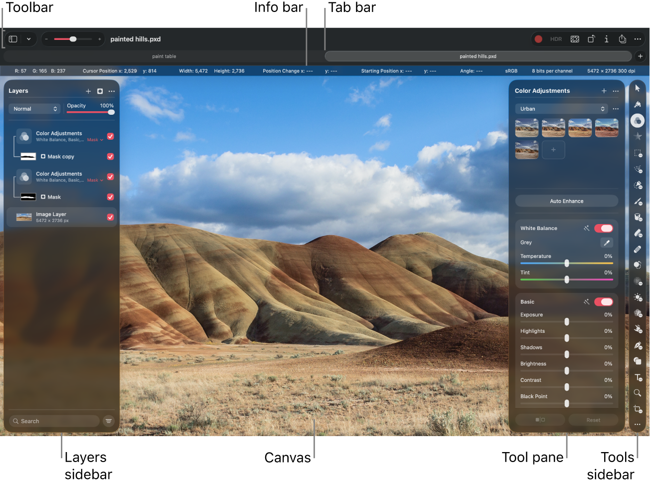 Рабочее окно Pixelmator Pro с панелью слоёв и настройками цветокоррекции