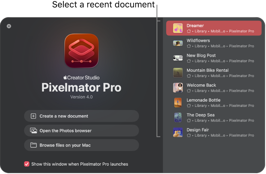 Стартовое окно Pixelmator Pro с недавними документами