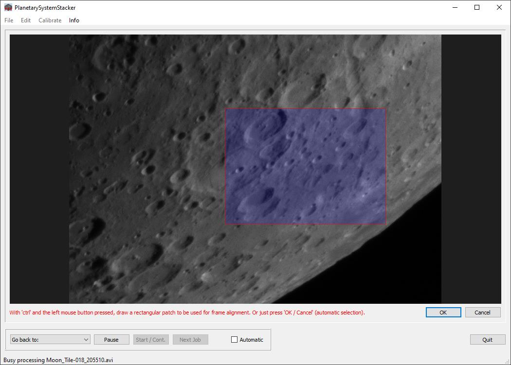 PlanetarySystemStacker: ручной выбор области стабилизации