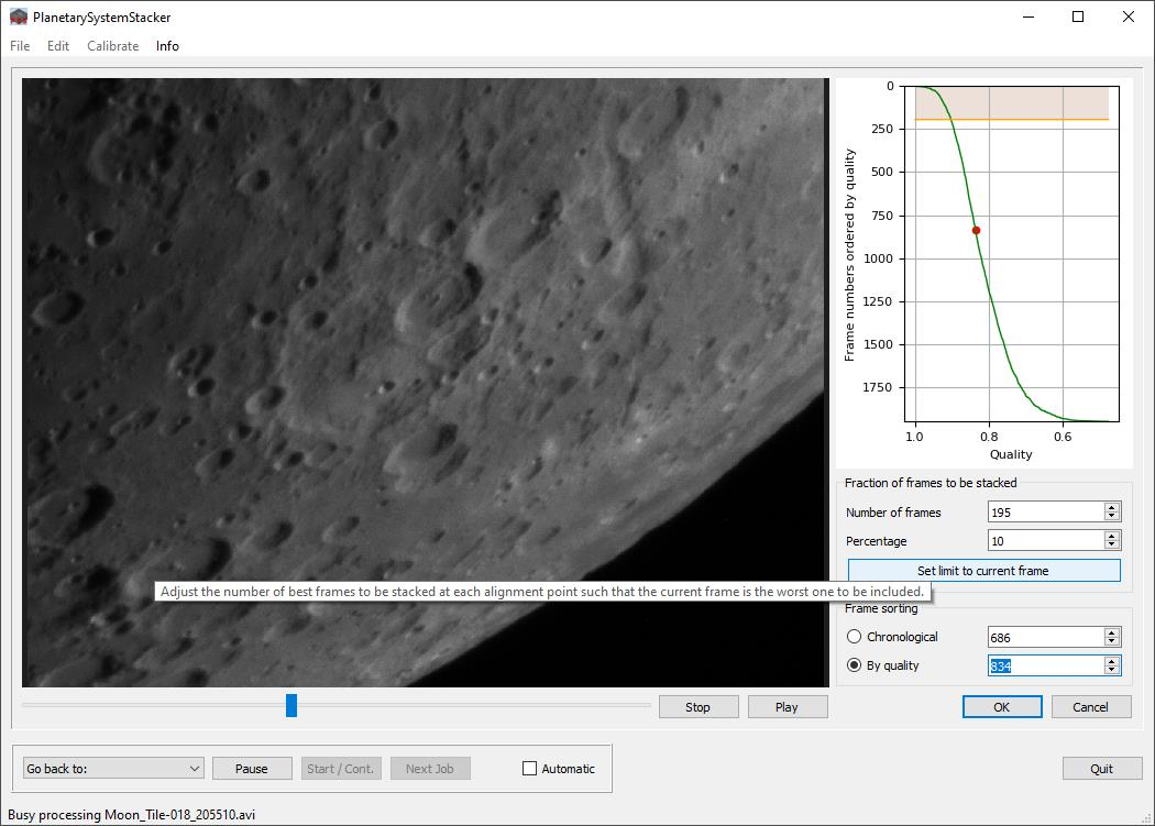 PlanetarySystemStacker: выбор доли кадров по графику качества