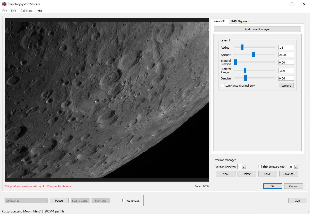 PlanetarySystemStacker: панель wavelets с одной корректирующей областью