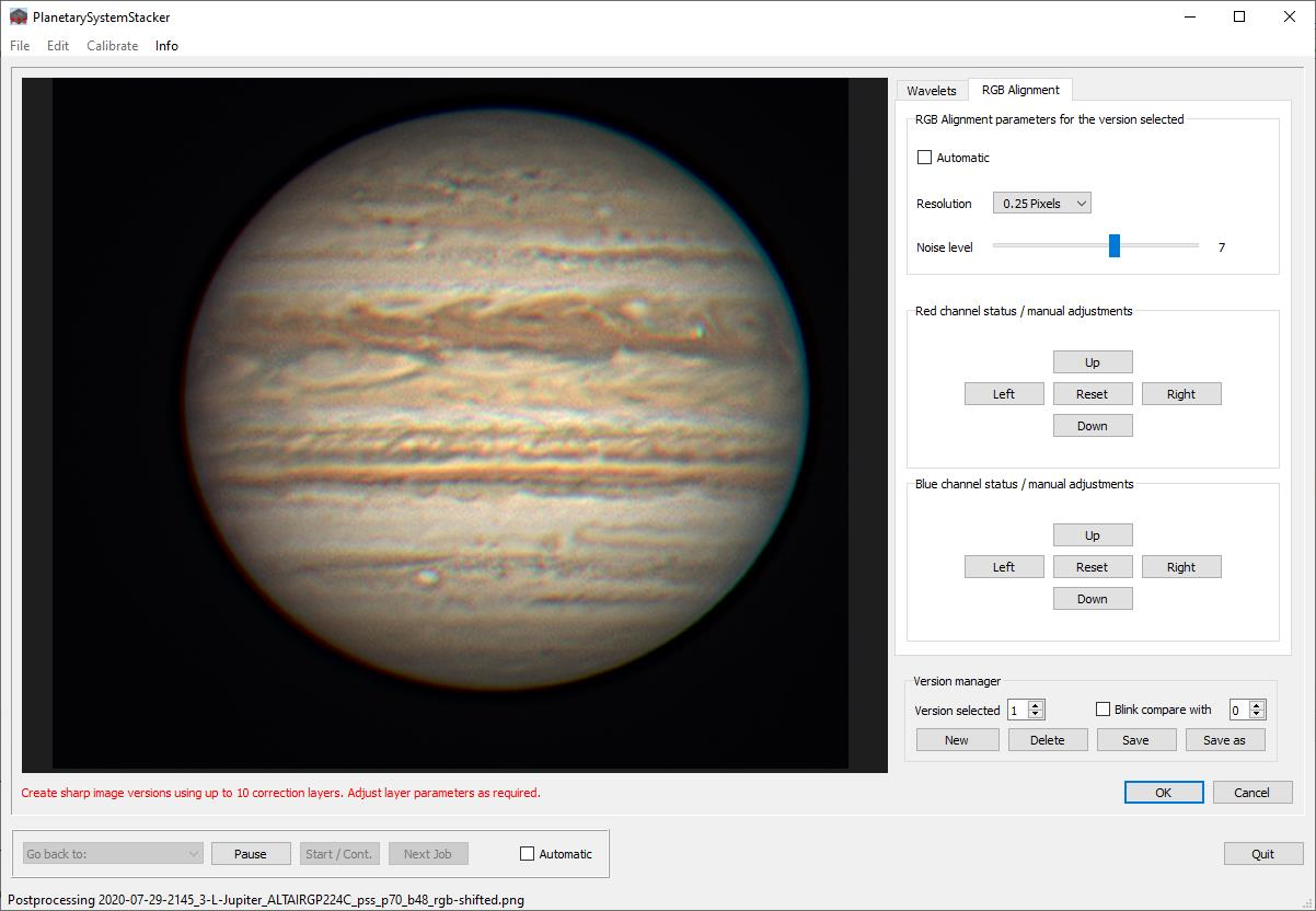 PlanetarySystemStacker: ручная панель RGB Alignment