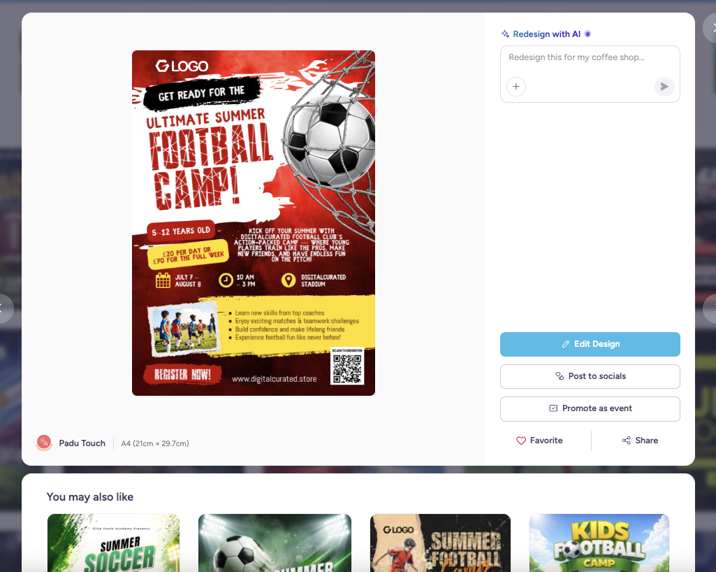 Предпросмотр шаблона PosterMyWall перед открытием в редакторе