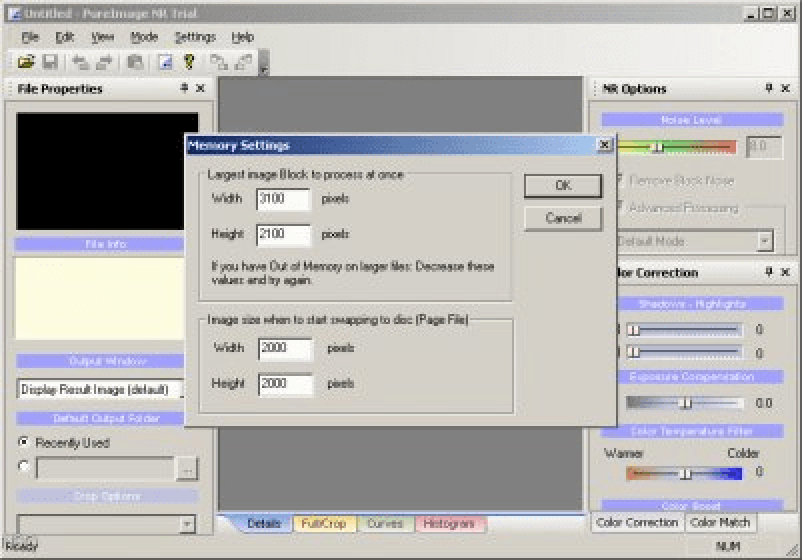 Окно Memory Settings в PureImage NR