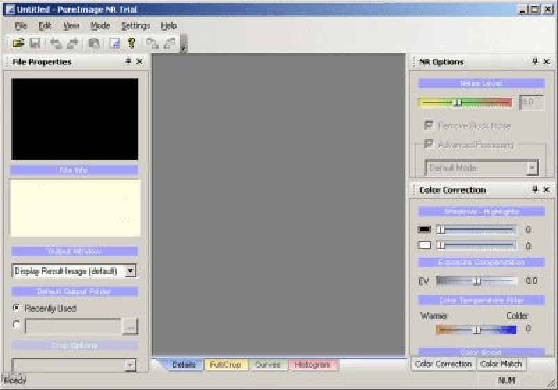 Главное окно PureImage NR с панелями NR Options и Color Correction