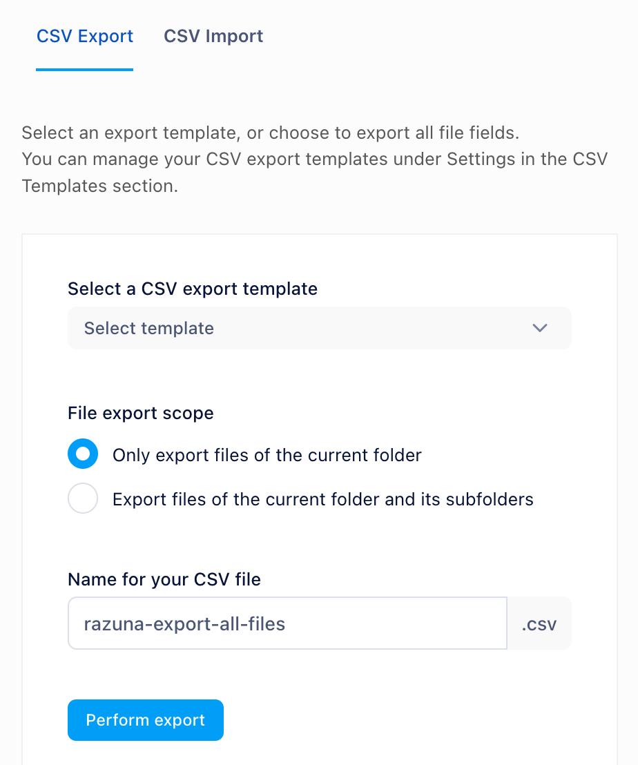 Настройки экспорта метаданных в CSV в Razuna