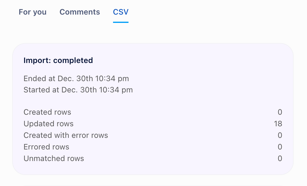 Результат CSV-импорта в Razuna со статистикой обновлённых и ошибочных строк
