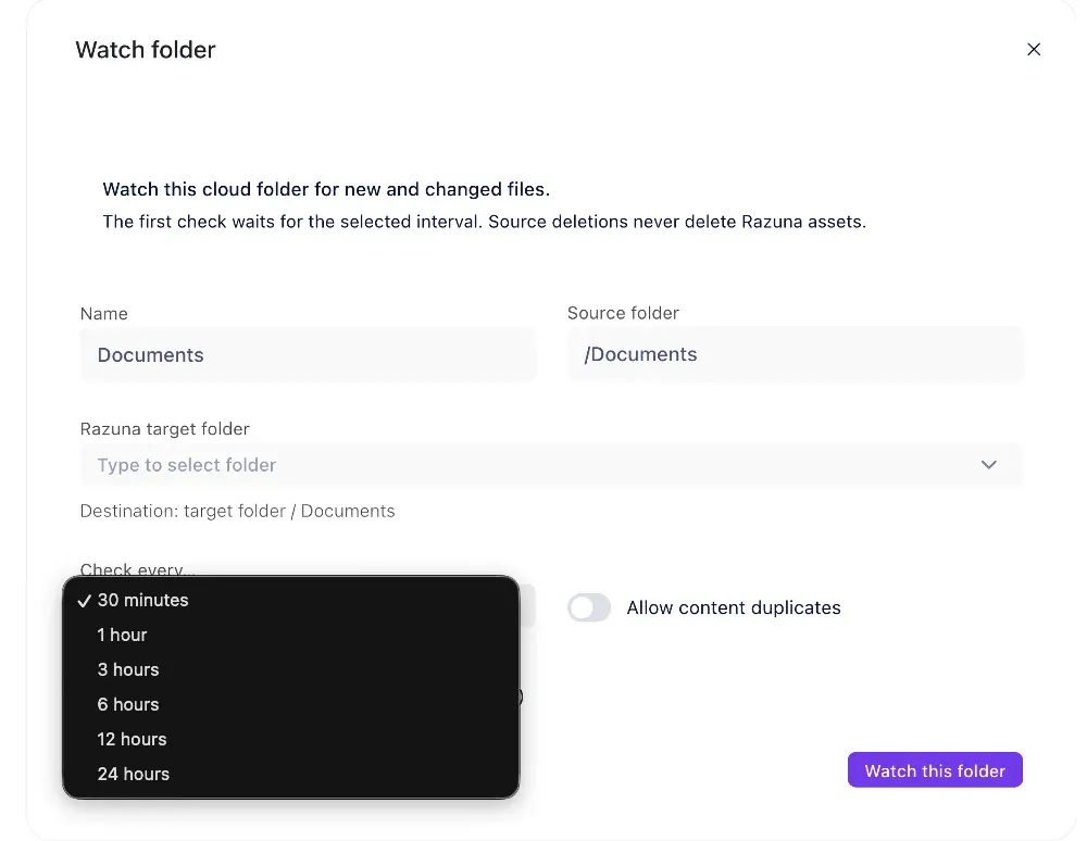 Настройка Watch Folder в Razuna с выбором папки, интервала и целевого каталога