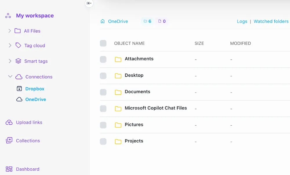 Подключение OneDrive в Razuna и список папок внешнего хранилища