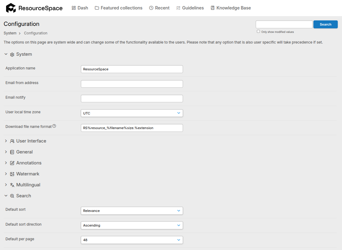 Страница System Configuration ResourceSpace