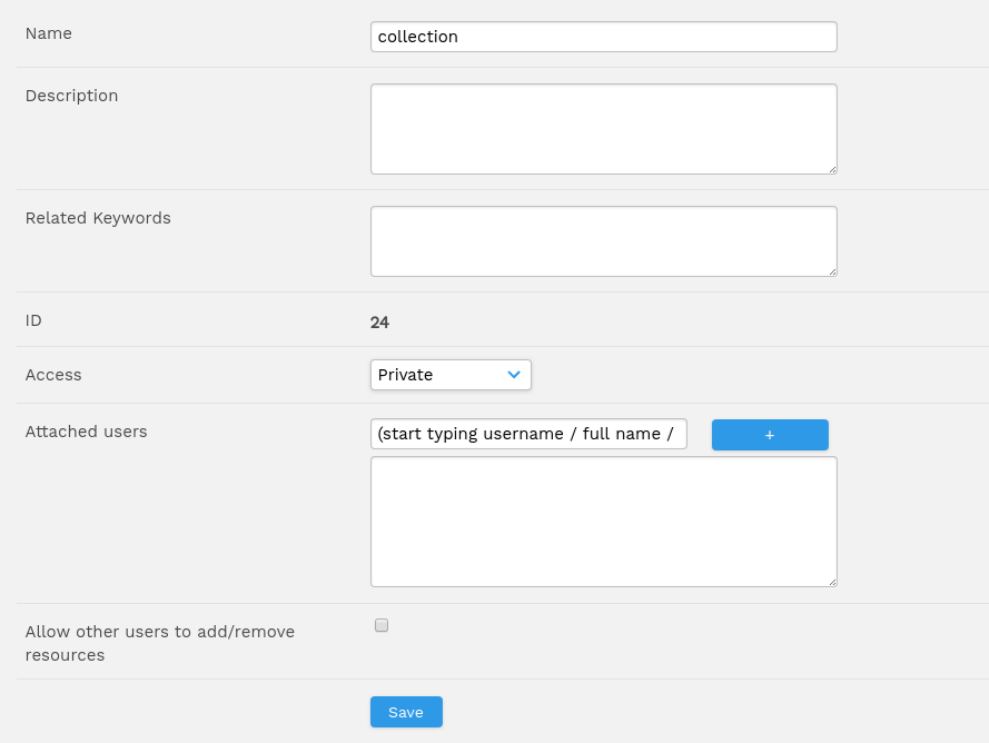 Настройки коллекции ResourceSpace