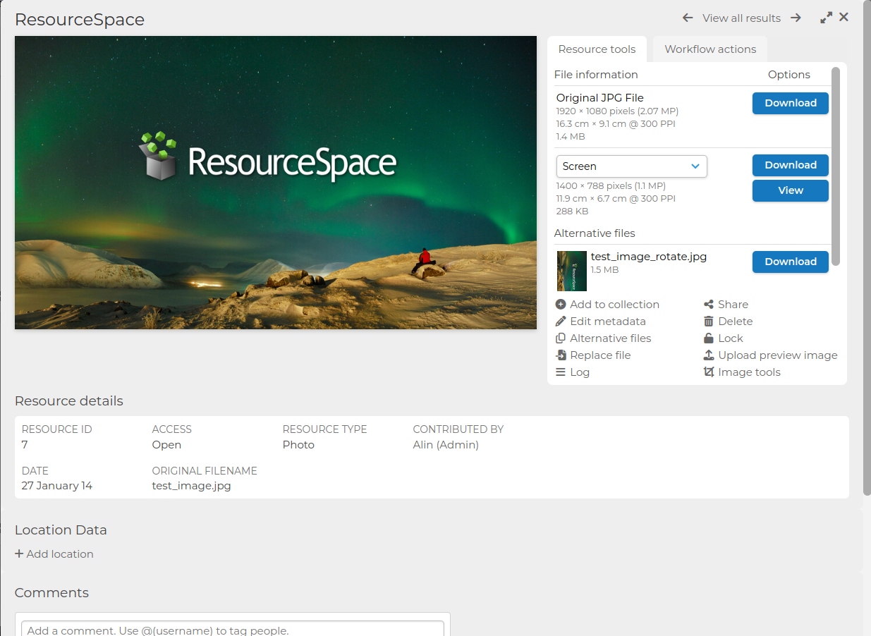 Карточка ResourceSpace с вариантами загрузки и альтернативным файлом
