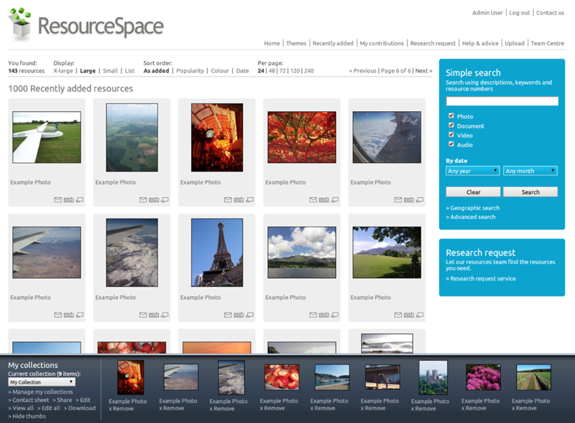 Каталог ресурсов и панель поиска ResourceSpace