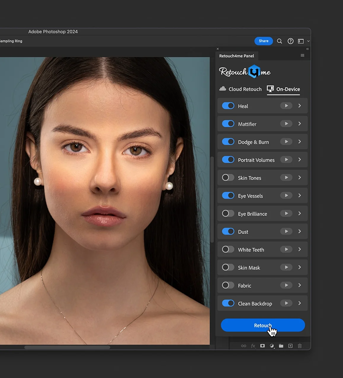 Retouch4me Photoshop Panel с выбранным Clean Backdrop