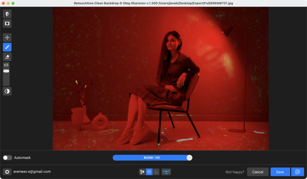 Окно Retouch4me Clean Backdrop с настройками Automask, Blend и масштабом дефектов