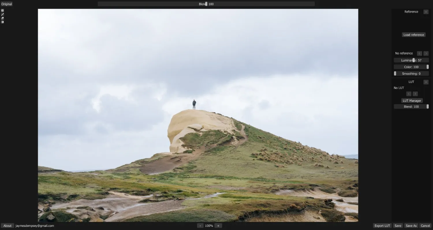 Главное окно Retouch4me Color Match с фотографией, Blend и панелью Reference