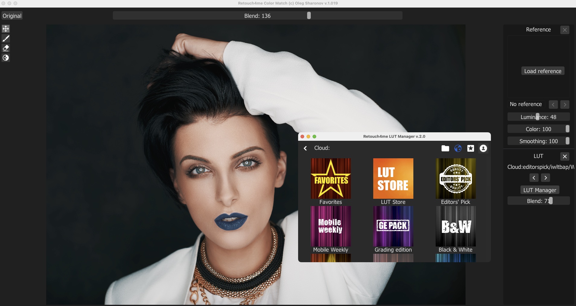 LUT Manager Retouch4me Color Match с категориями LUT Cloud