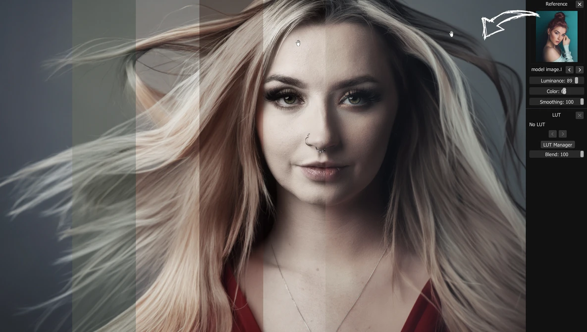 Портрет в Retouch4me Color Match с референсом и настройками Luminance, Color, Smoothing и LUT