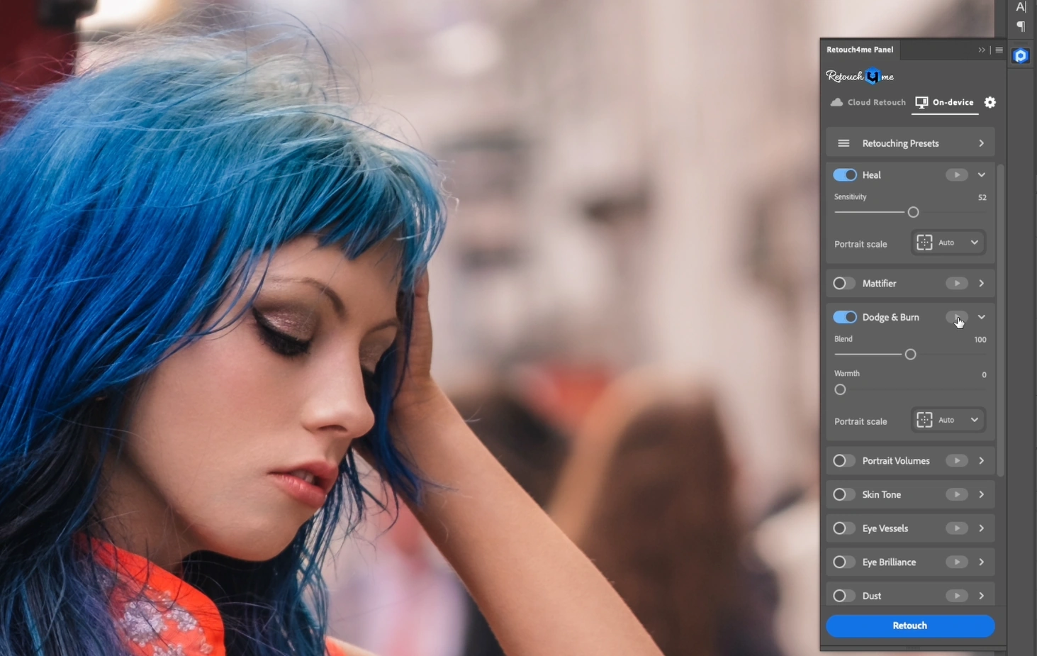 Photoshop Panel с раскрытым модулем Dodge & Burn
