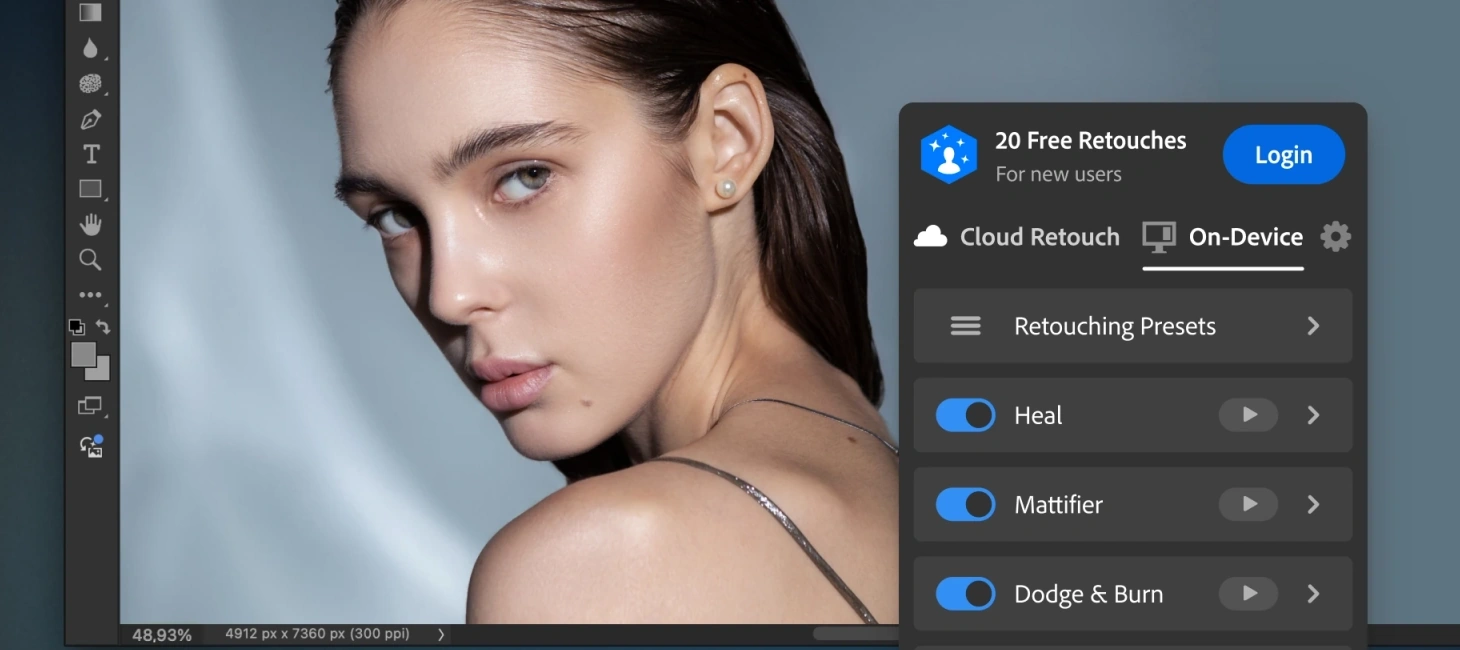 Photoshop Panel с включённым Dodge & Burn в рабочем пространстве Photoshop