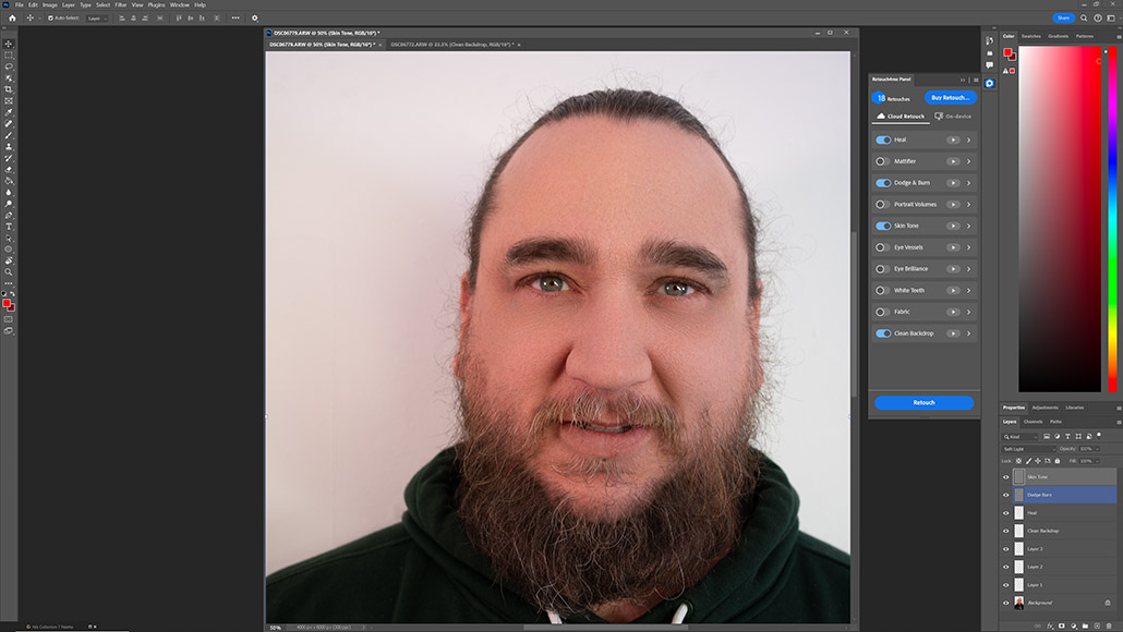Панель Retouch4me с видимым пунктом Fabric при портретной обработке