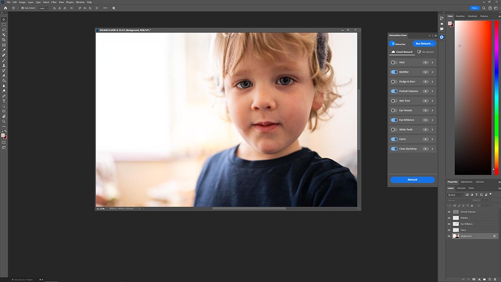 Панель Retouch4me с пунктом Fabric в рабочем пространстве Photoshop