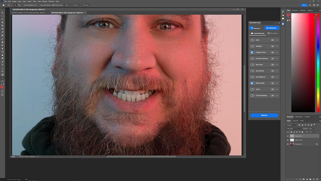Панель Retouch4me с доступным Fabric и слоями Photoshop