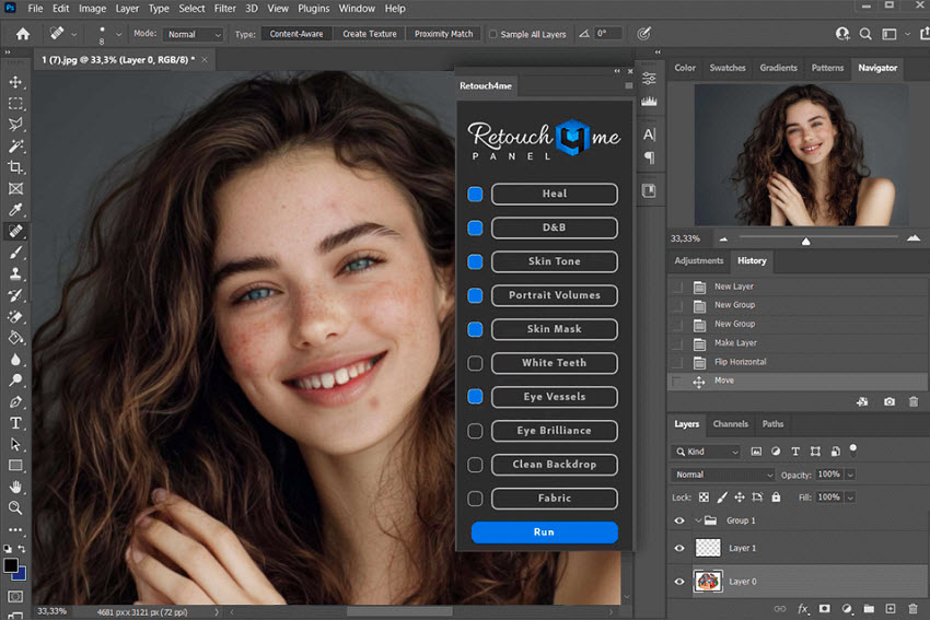 Панель Retouch4me в Photoshop с доступным модулем Heal