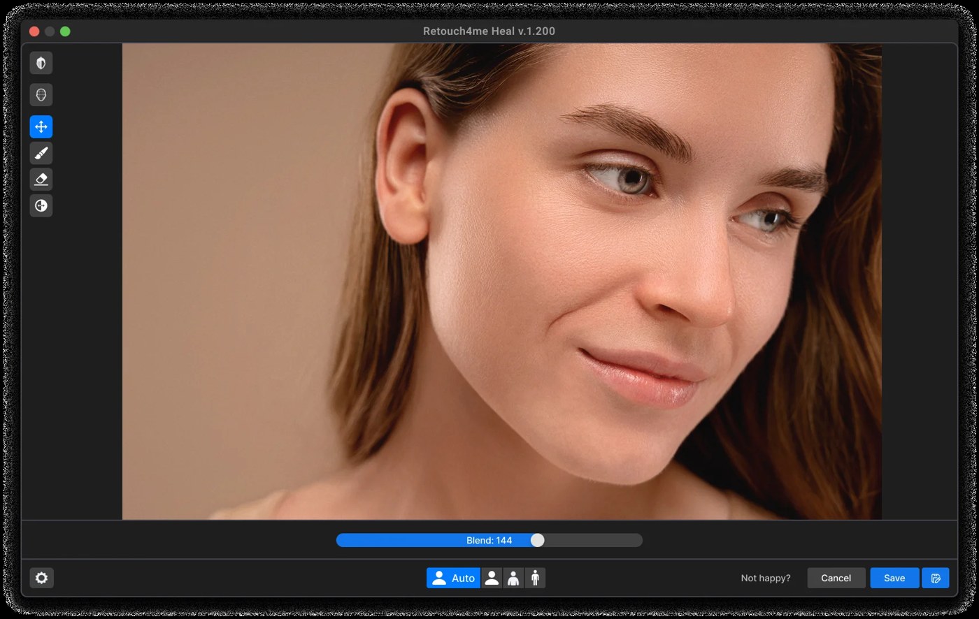 Окно Retouch4me Heal с портретом и регулятором эффекта