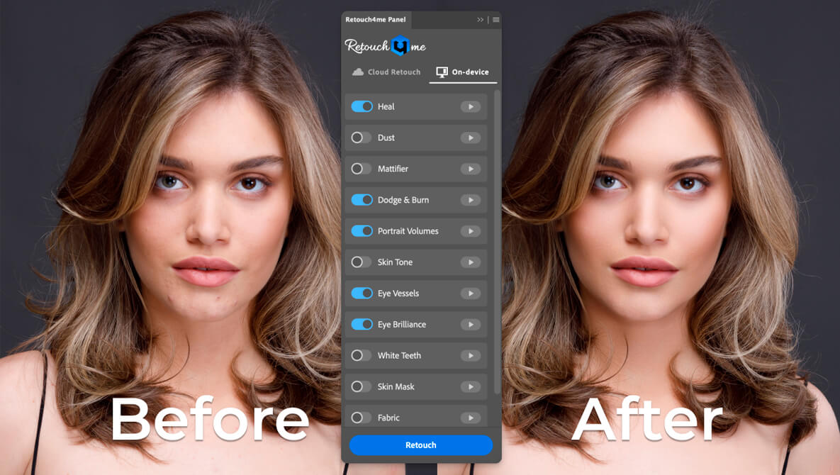 Панель Retouch4me с активным Heal и сравнением результата