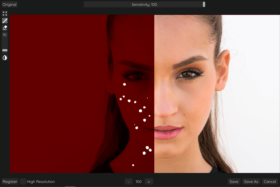 Широкое окно Retouch4me Heal с красной маской и отметками коррекции