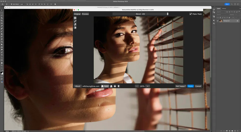 Окно Retouch4me Mattifier с предпросмотром и настройкой Blend