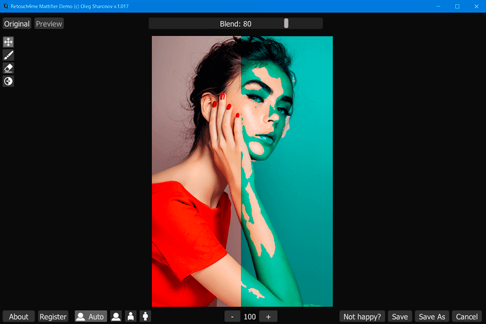 Интерфейс Mattifier с Original, Preview, Blend и средствами правки маски