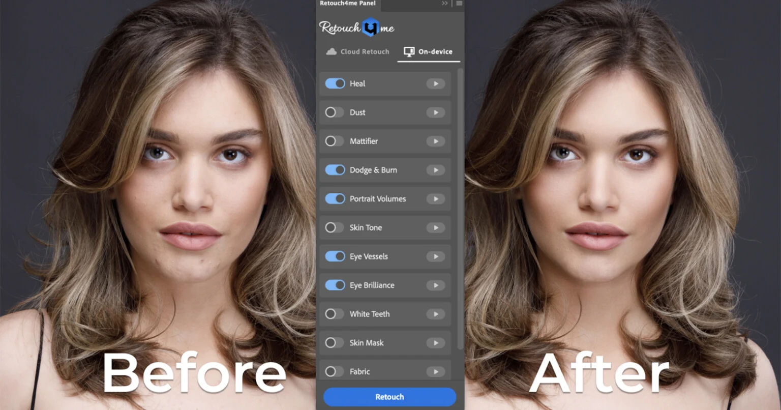 Retouch4me Panel на портретном изображении с доступным Mattifier