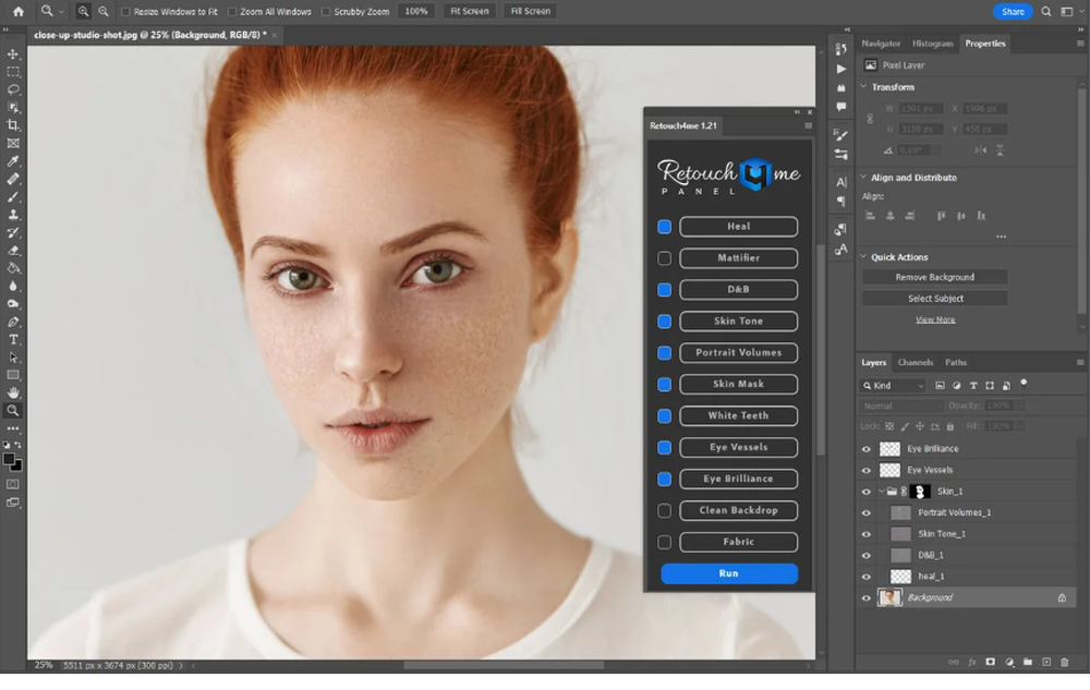 Photoshop с Retouch4me Panel и отдельным пунктом Mattifier