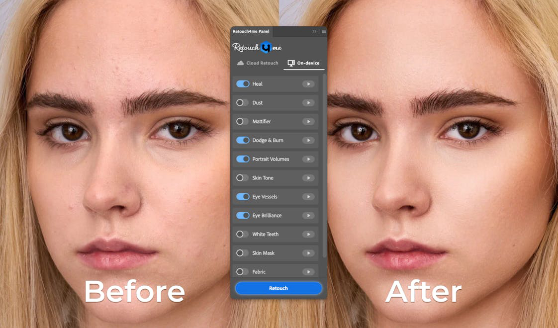 Retouch4me Panel с пунктом Mattifier и результатом портретной обработки