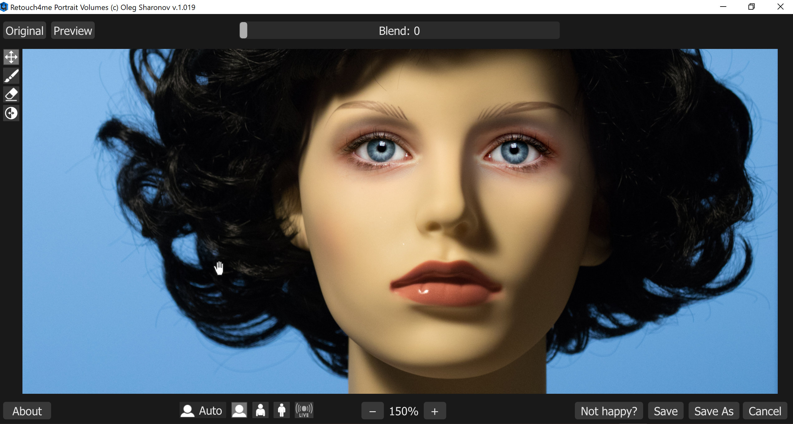Окно Retouch4me Portrait Volumes с предварительным просмотром и регулятором Blend