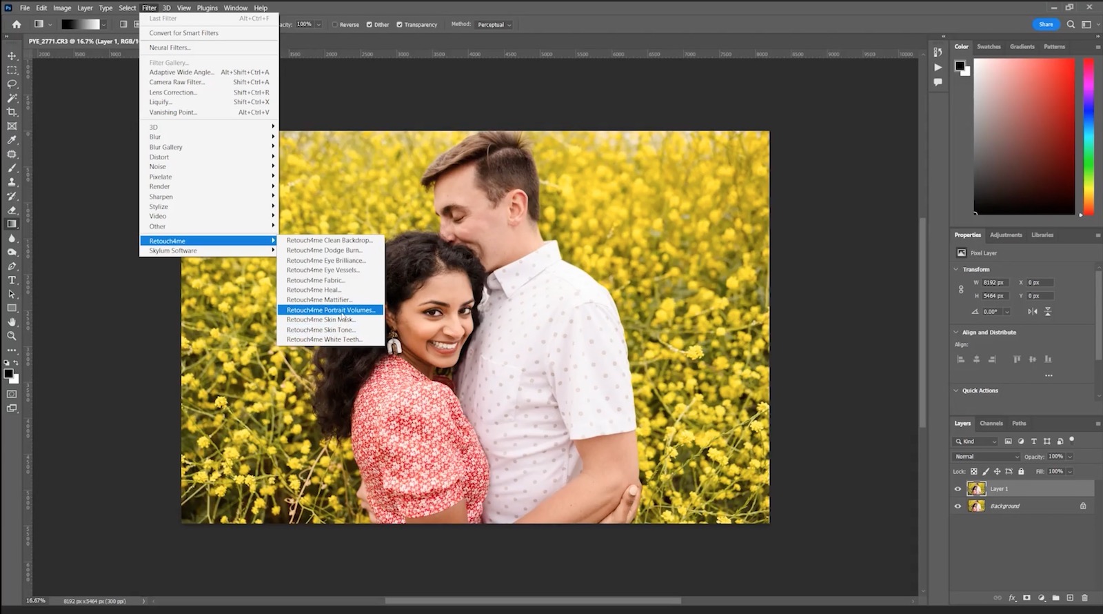 Запуск Retouch4me Portrait Volumes из меню Filter в Photoshop