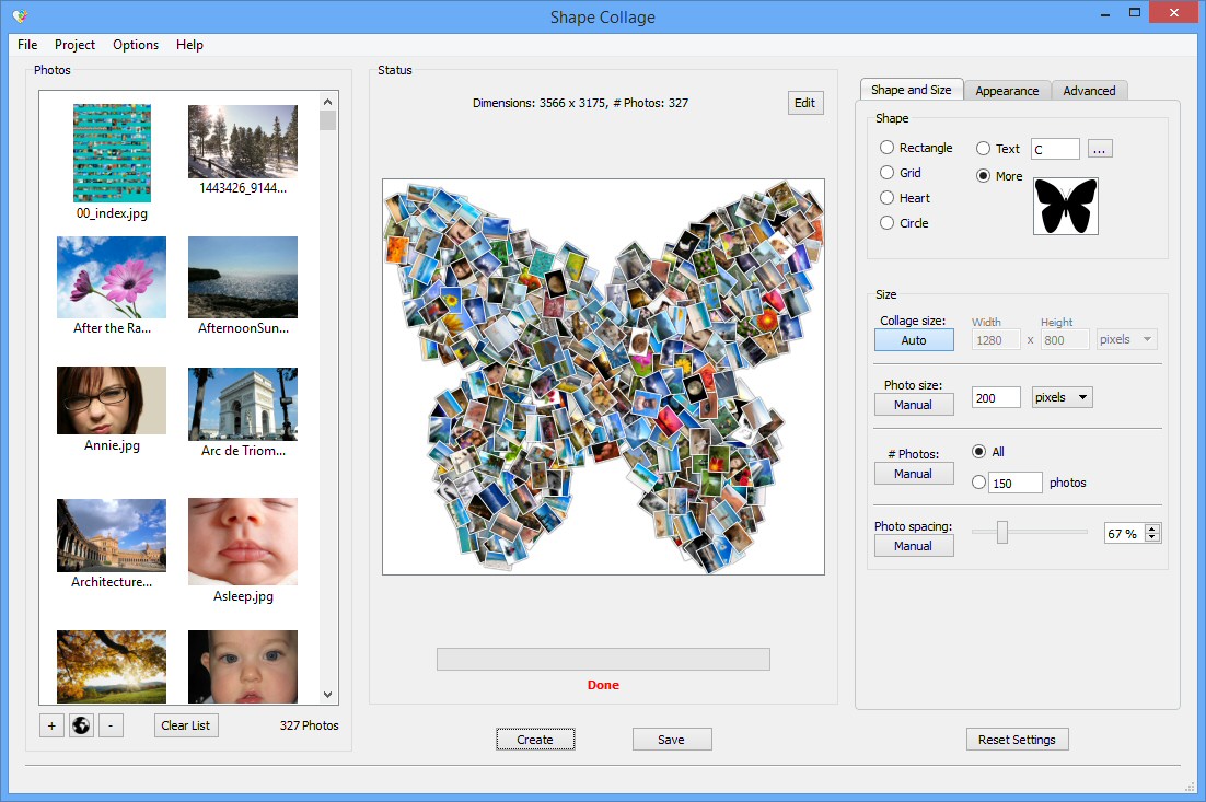 Пользовательская форма бабочки в Shape Collage