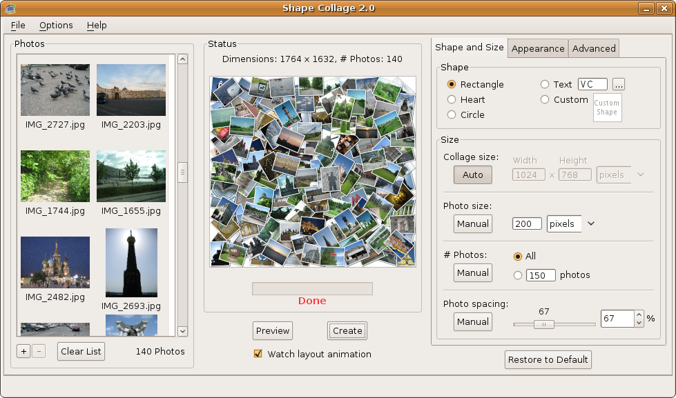 Интерфейс Shape Collage в Linux