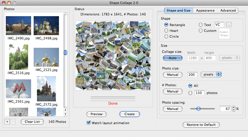 Настройки размера и расстояния между фотографиями в Shape Collage
