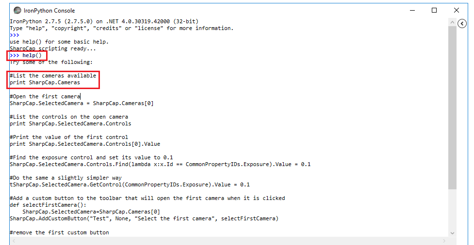 Консоль IronPython в SharpCap